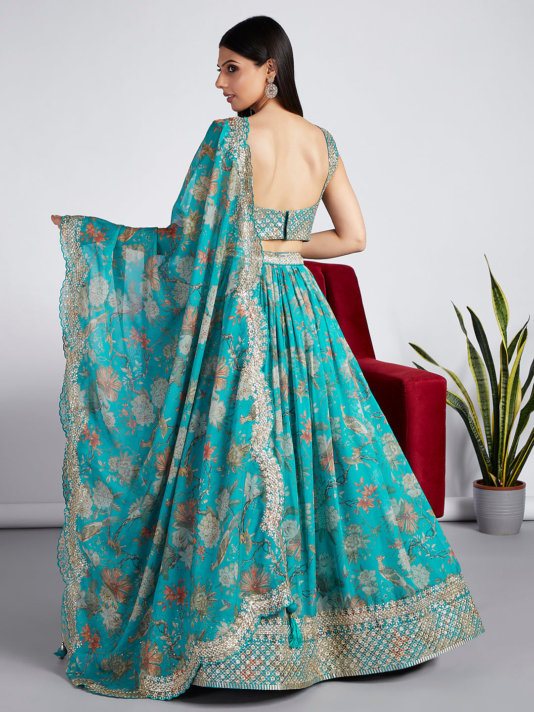 House of Panchhi Sea Green Colour Organza Floral Design Digital Print Lehenga Choli & Dupatta | Swadesiicart