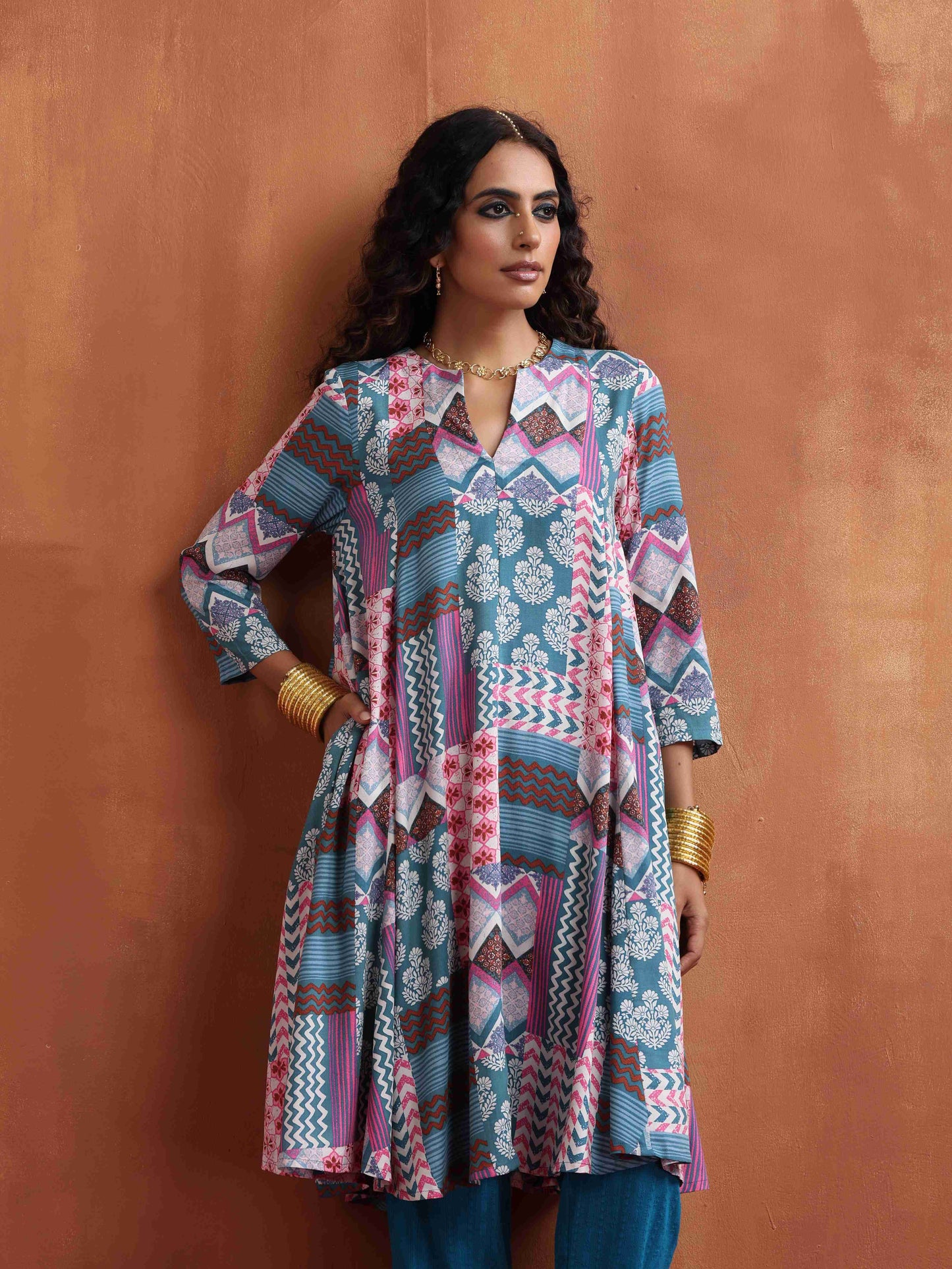 trueBrowns Blue Print Flared Anarkali Kurta Co-ord Set - Swadesiicart