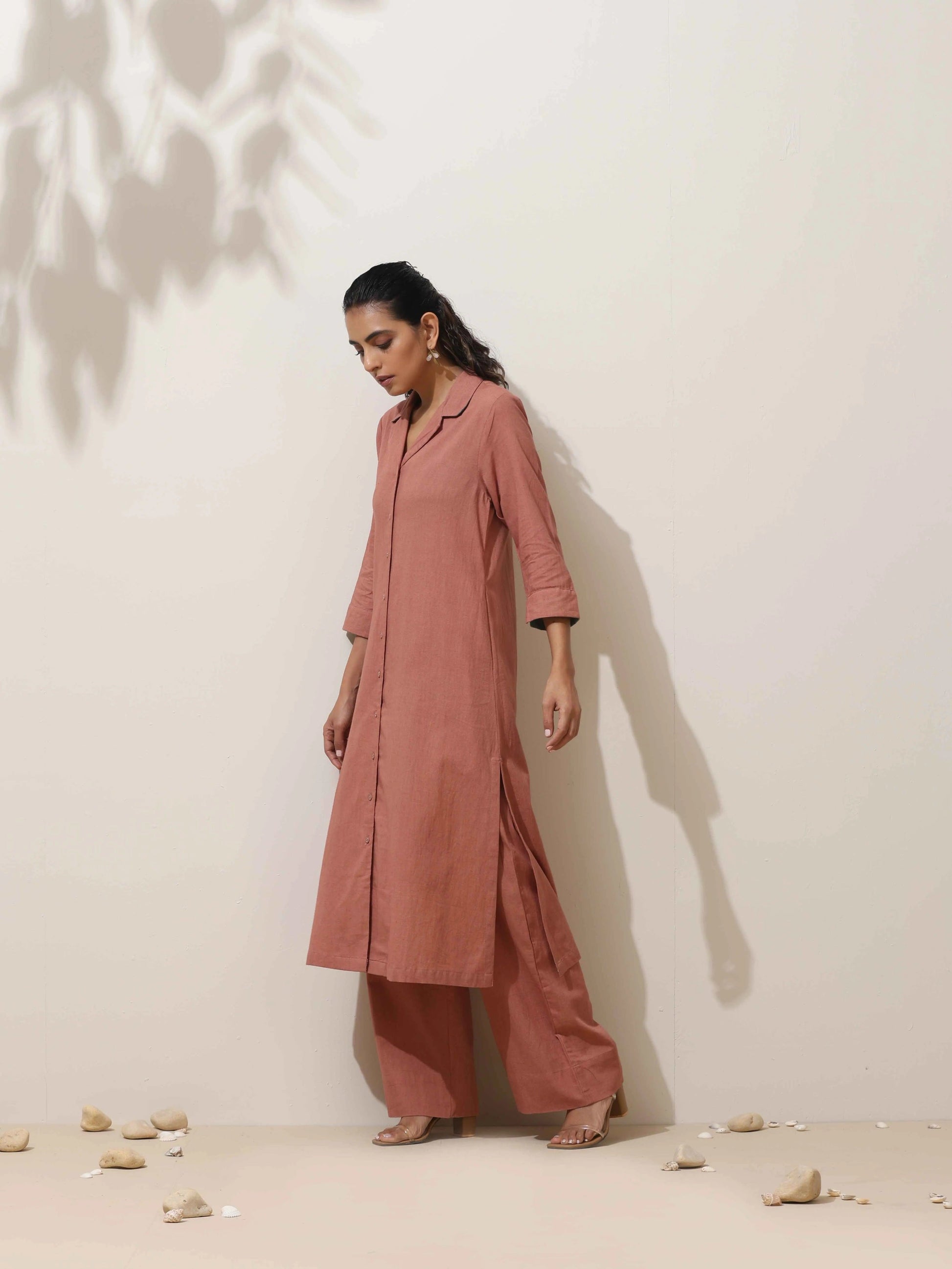 trueBrowns Peach Cotton Linen Kurta Pant Set | Swadesiicart