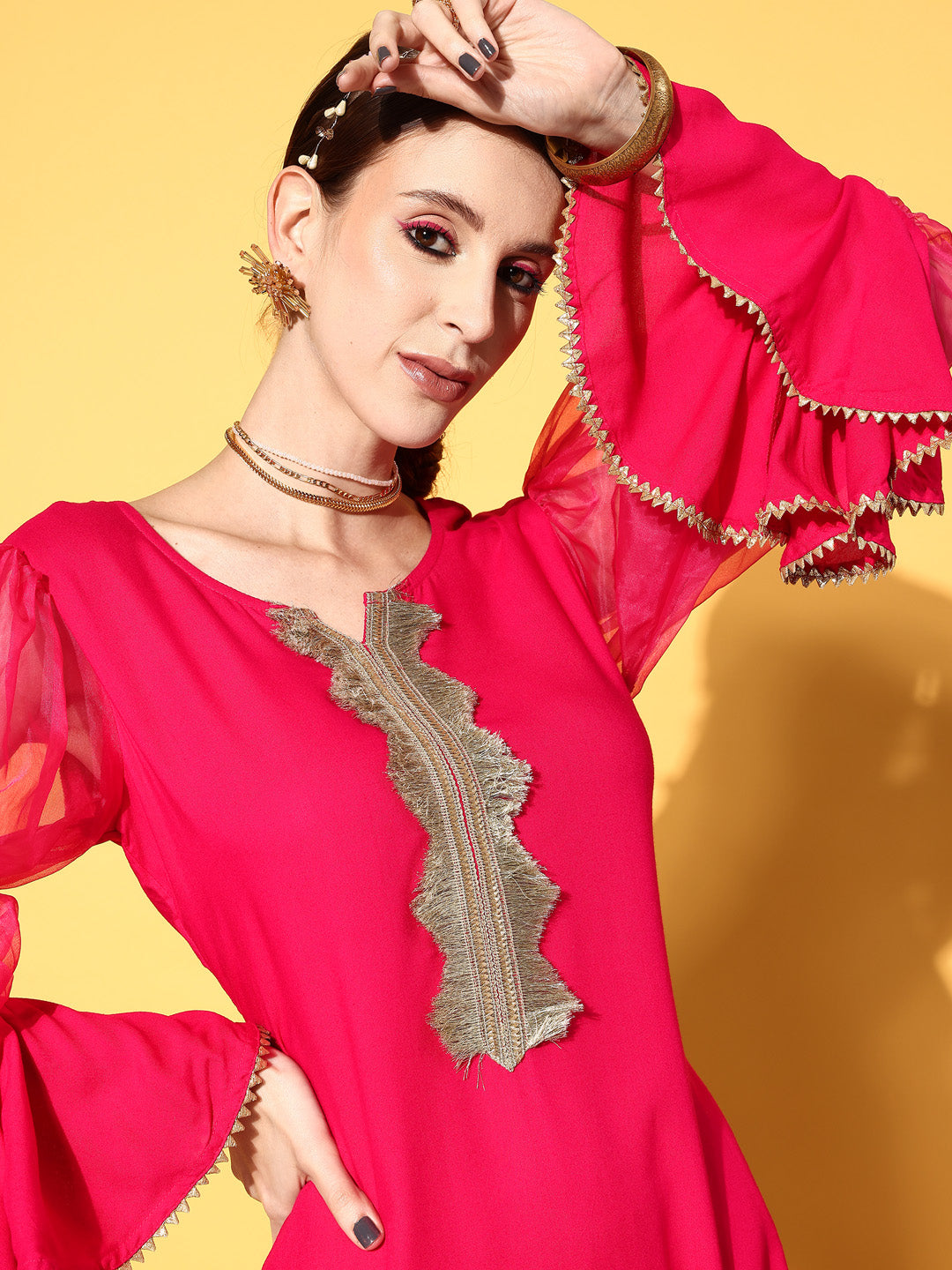 InWeave Women's Fuschia Organza Sleeve Gota Work Kurta Set - Swadesiicart