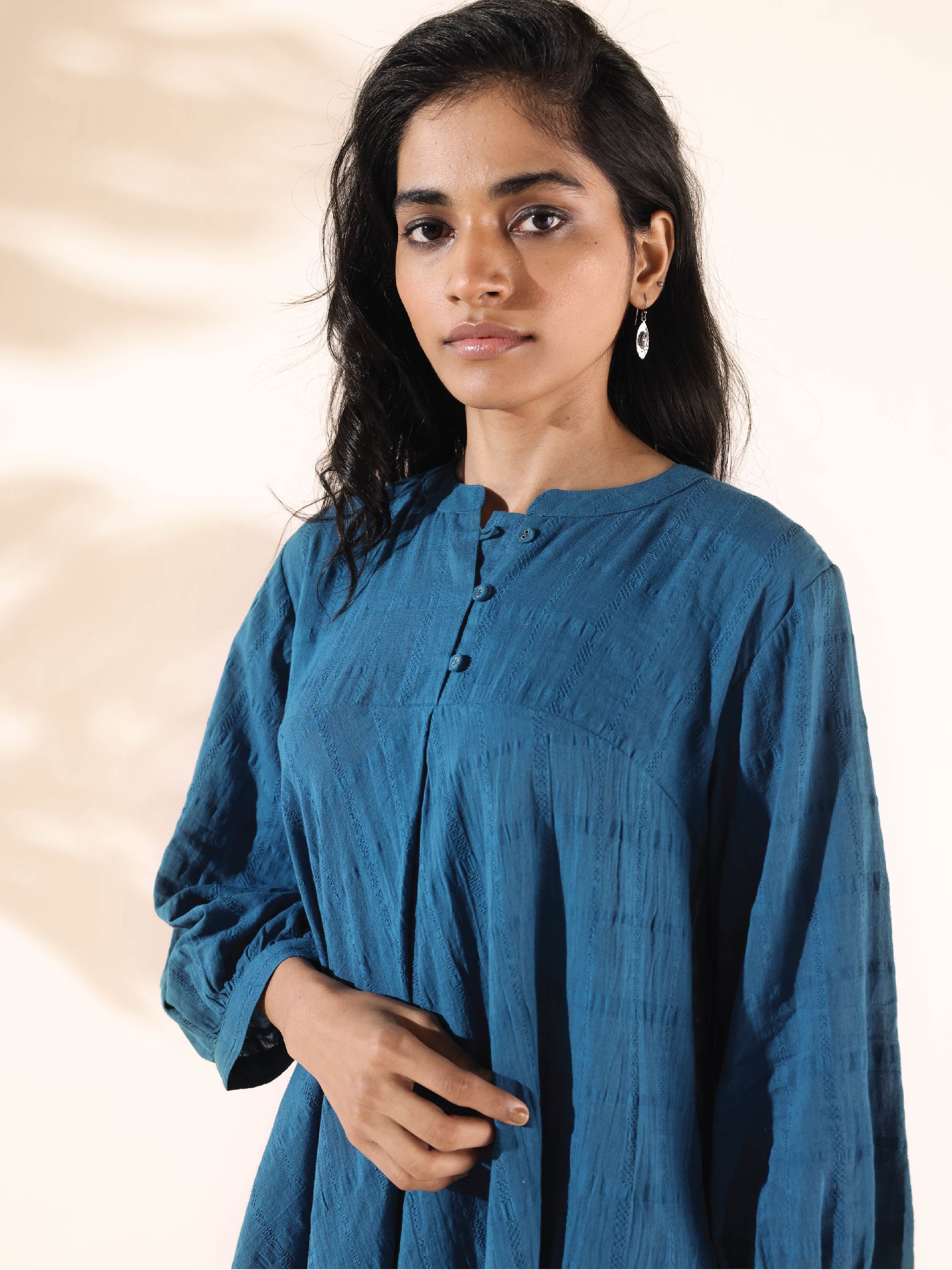 trueBrowns Blue Cotton Dobby Yoke Co-ord Set - Swadesiicart
