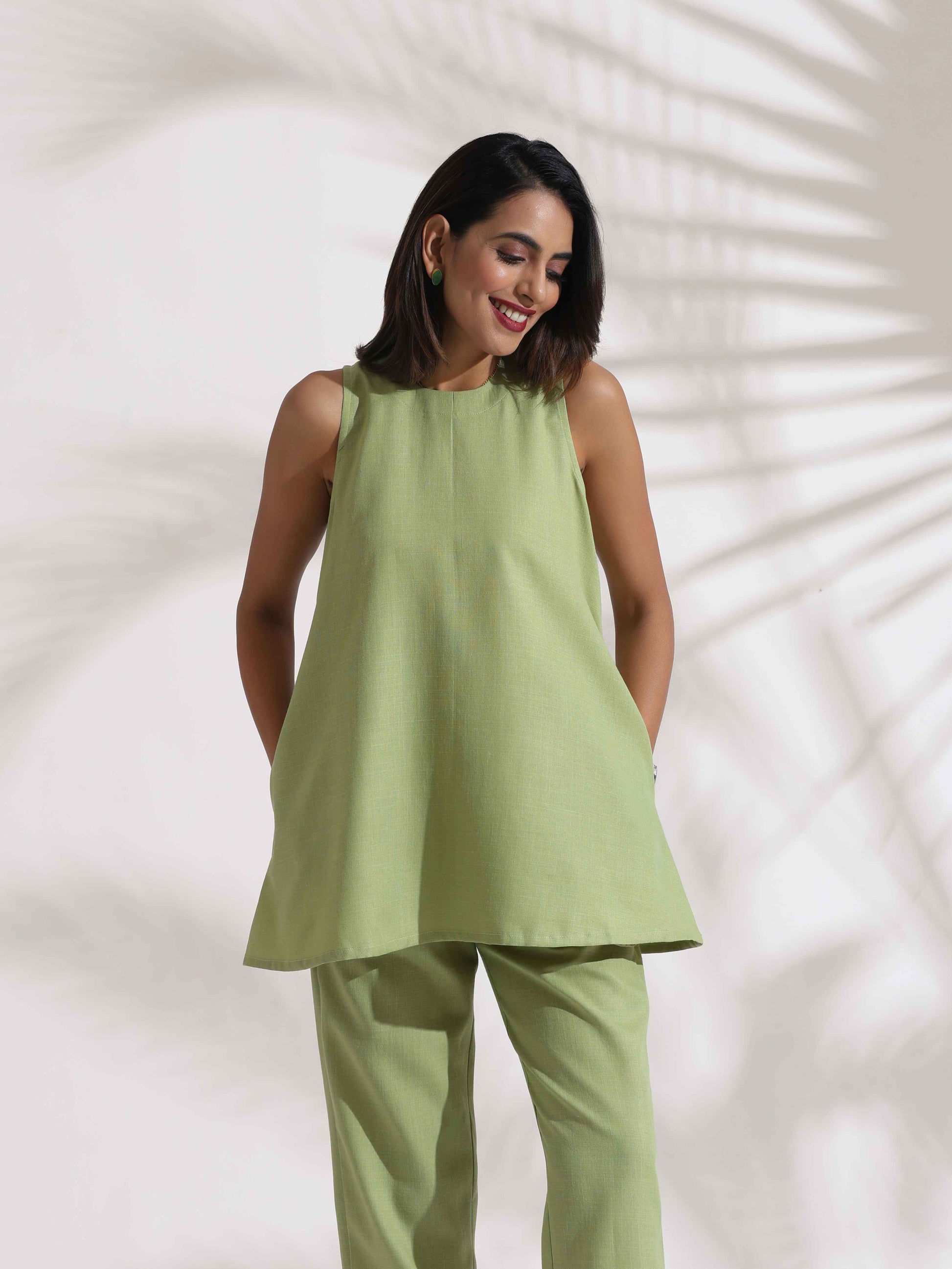 trueBrowns Green Slub Co-ord Set - Swadesiicart