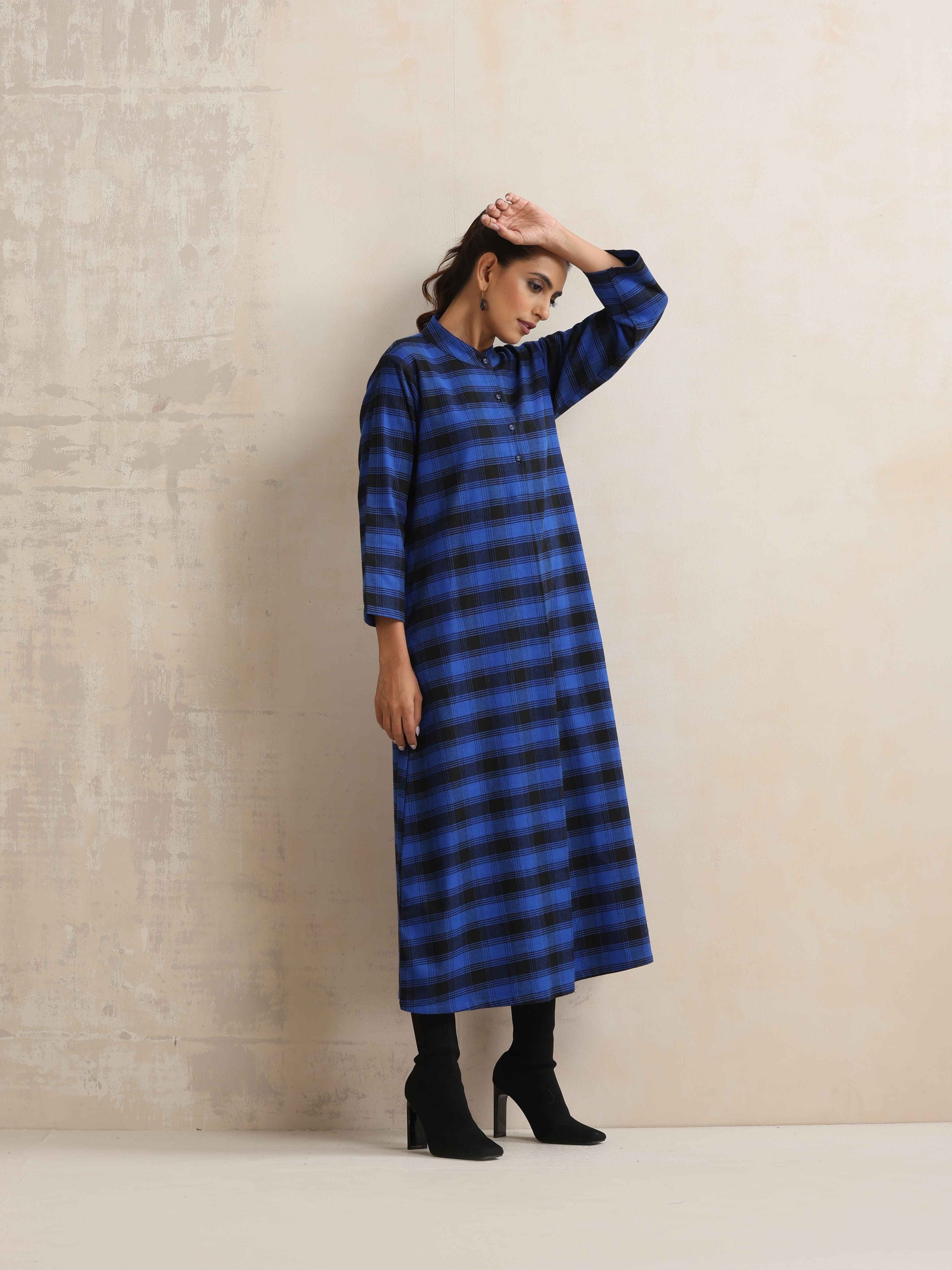 trueBrowns Blue Check Flared Winter Dress | Swadesiicart