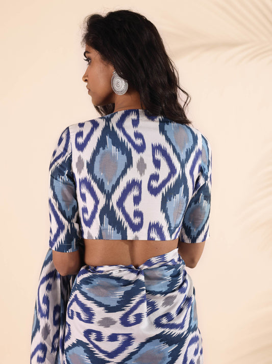 trueBrowns Blue Muslin Ikat Deep V-Neck Blouse | Swadesiicart