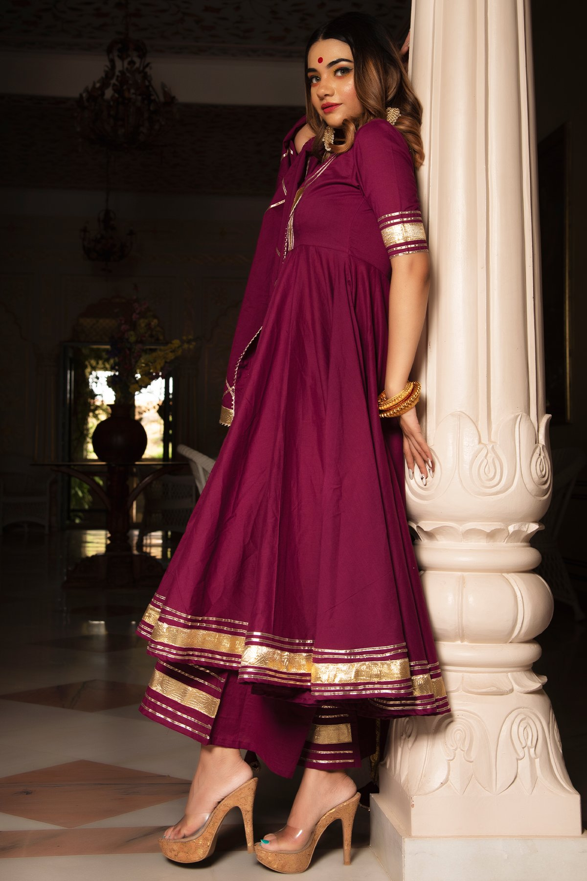 Pomcha Jaipur Burgundy Pure Cotton Anarkali Set | Swadesiicart