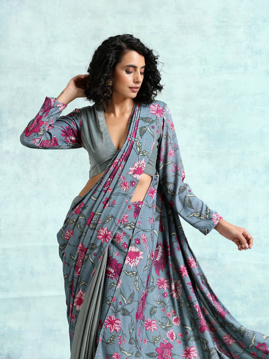 trueBrowns Grey Printed Velvet Ready to Wear Saree | Swadesiicart