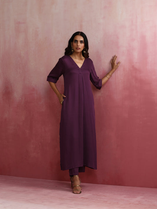 trueBrowns Purple Modal Pleated Kurta Set | Swadesiicart