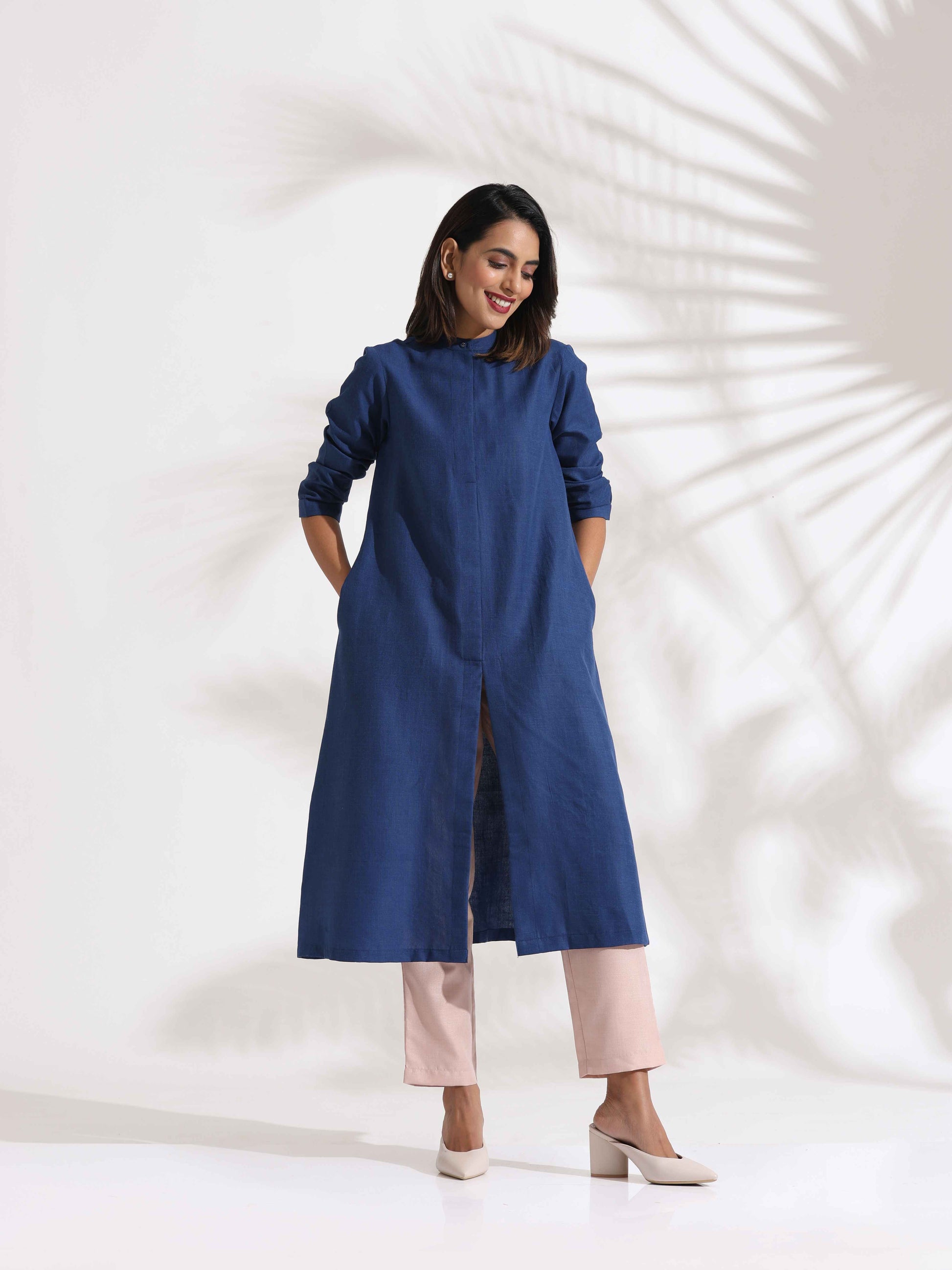 trueBrowns Blue Slub Kurta Set | Swadesiicart