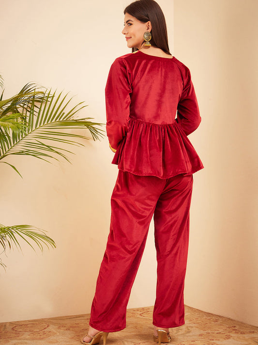 InWeave Women's Barn Red Mughal Shaan Style Velvet Short Kurta Set - Swadesiicart