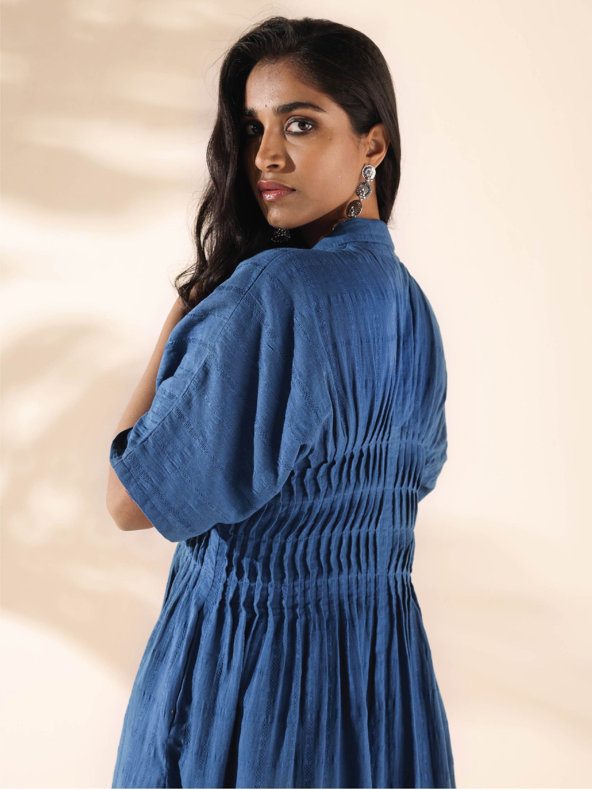 trueBrowns Blue Cotton Dobby Dress | Swadesiicart