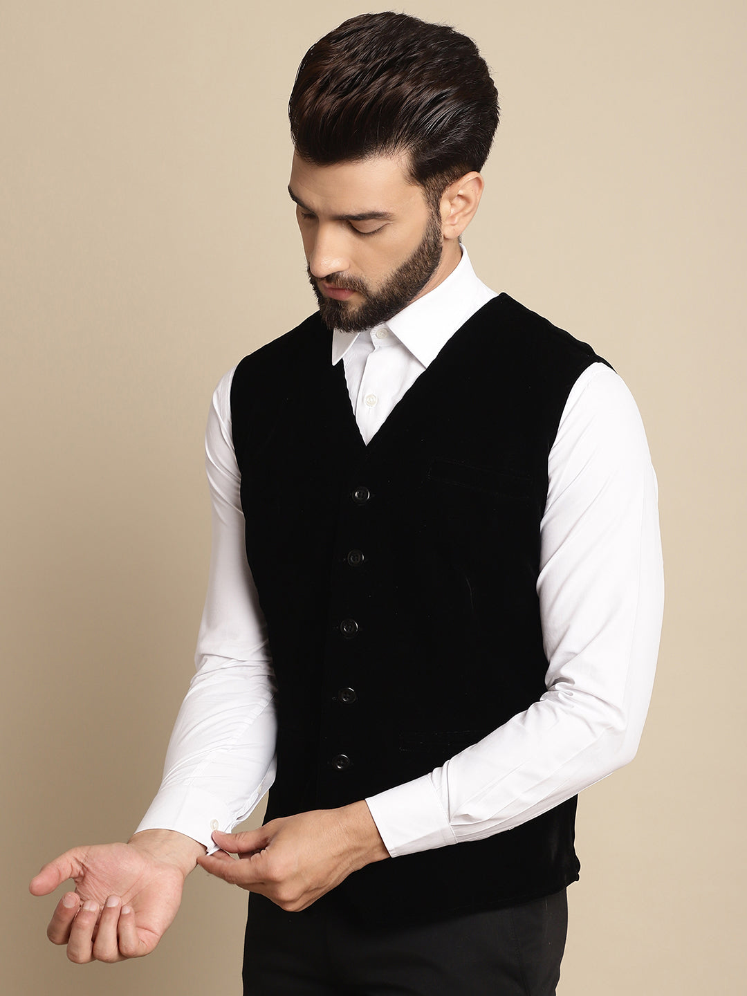 Even Apparels Men's Black Waistcoat with welt pockets | Swadesiicart