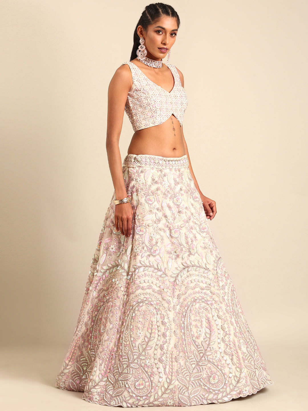 House of Panchhi Cream Net Multi Sequins with heavy Zarkan embroidery Lehenga choli & Dupatta | Swadesiicart
