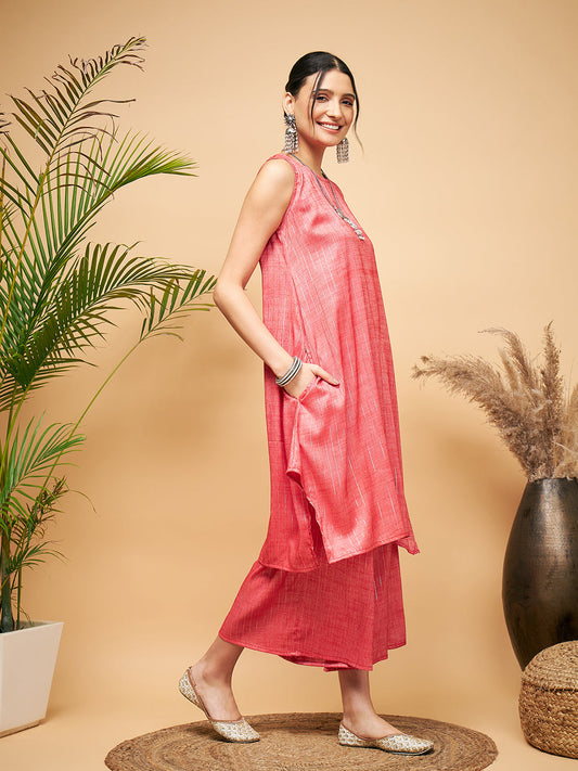 InWeave Women's Red Lurex Short Pallazo Kurta Set - Swadesiicart