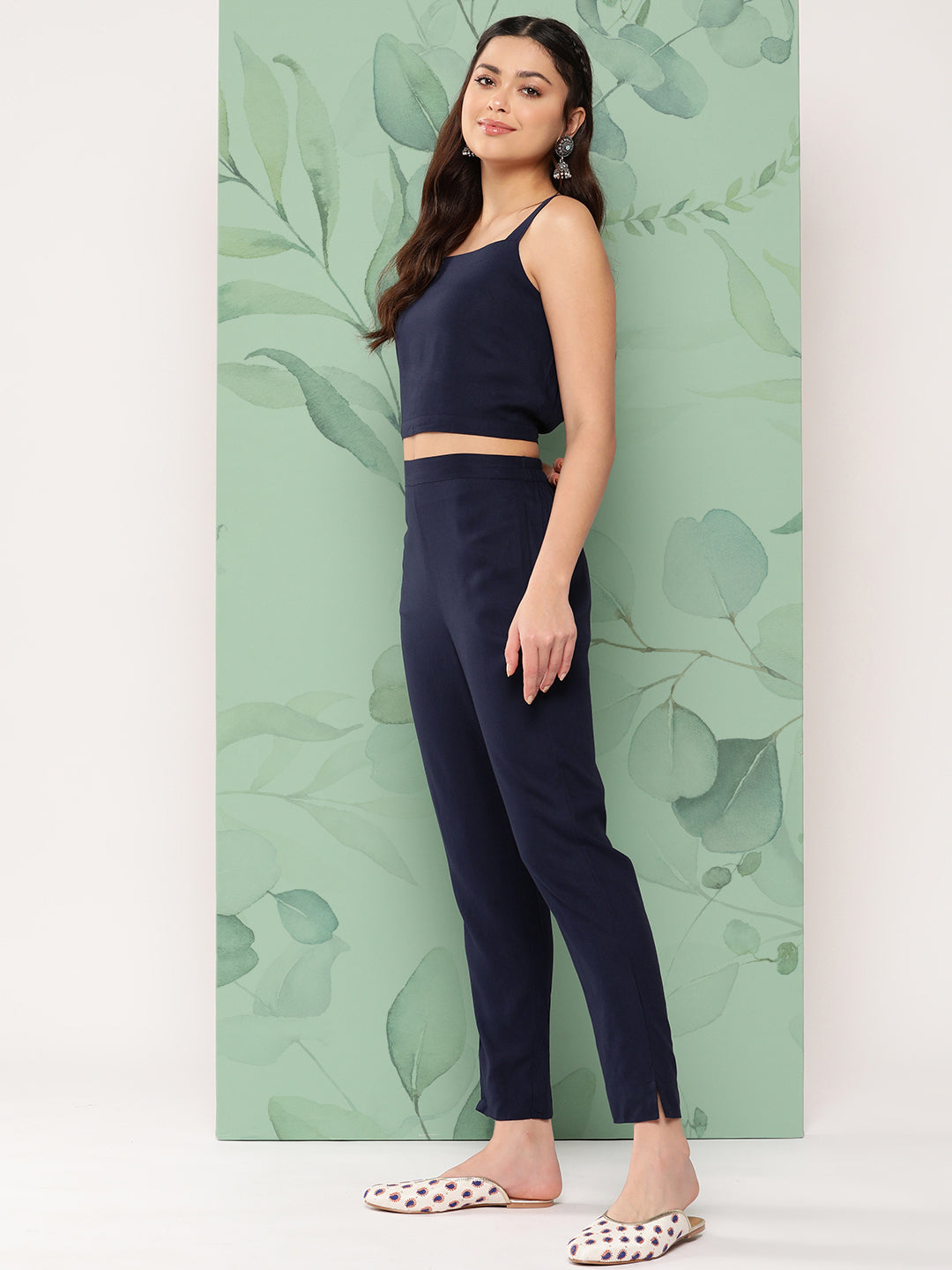 InWeave Women's Navy Top Bottom W Grey Bandhej Long Shrug Set - Swadesiicart