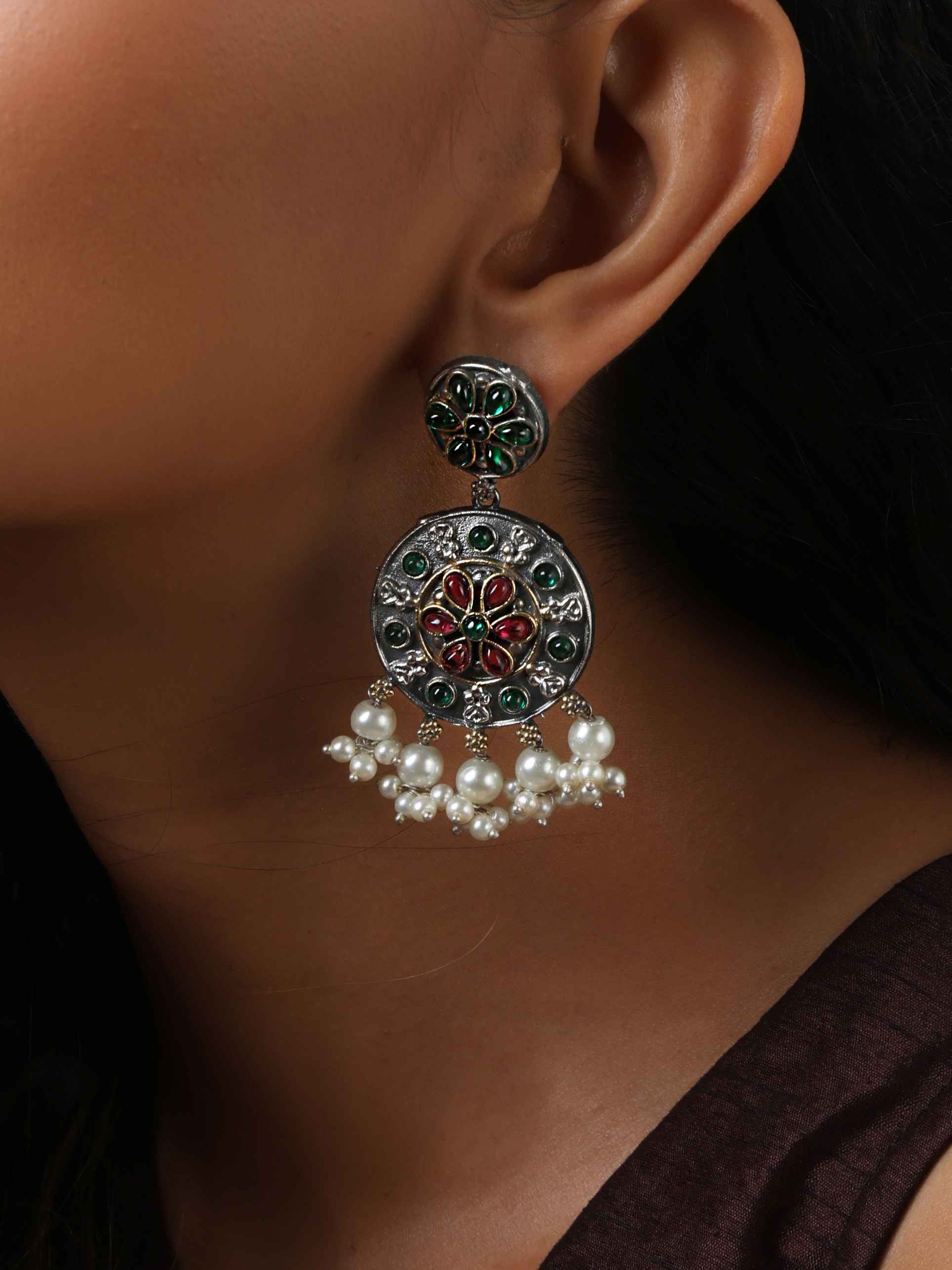 trueBrowns Silver Gold Tone Circular Stone Earrings - Swadesiicart