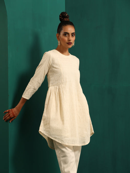 trueBrowns Ivory Tonal Cotton Side Gathers Co-ord Set - Swadesiicart