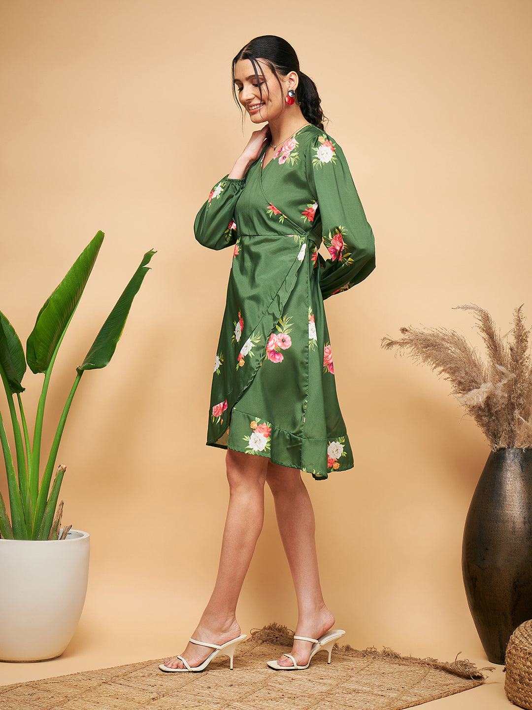 InWeave Women's Green Small Flower Belted Dress - Swadesiicart