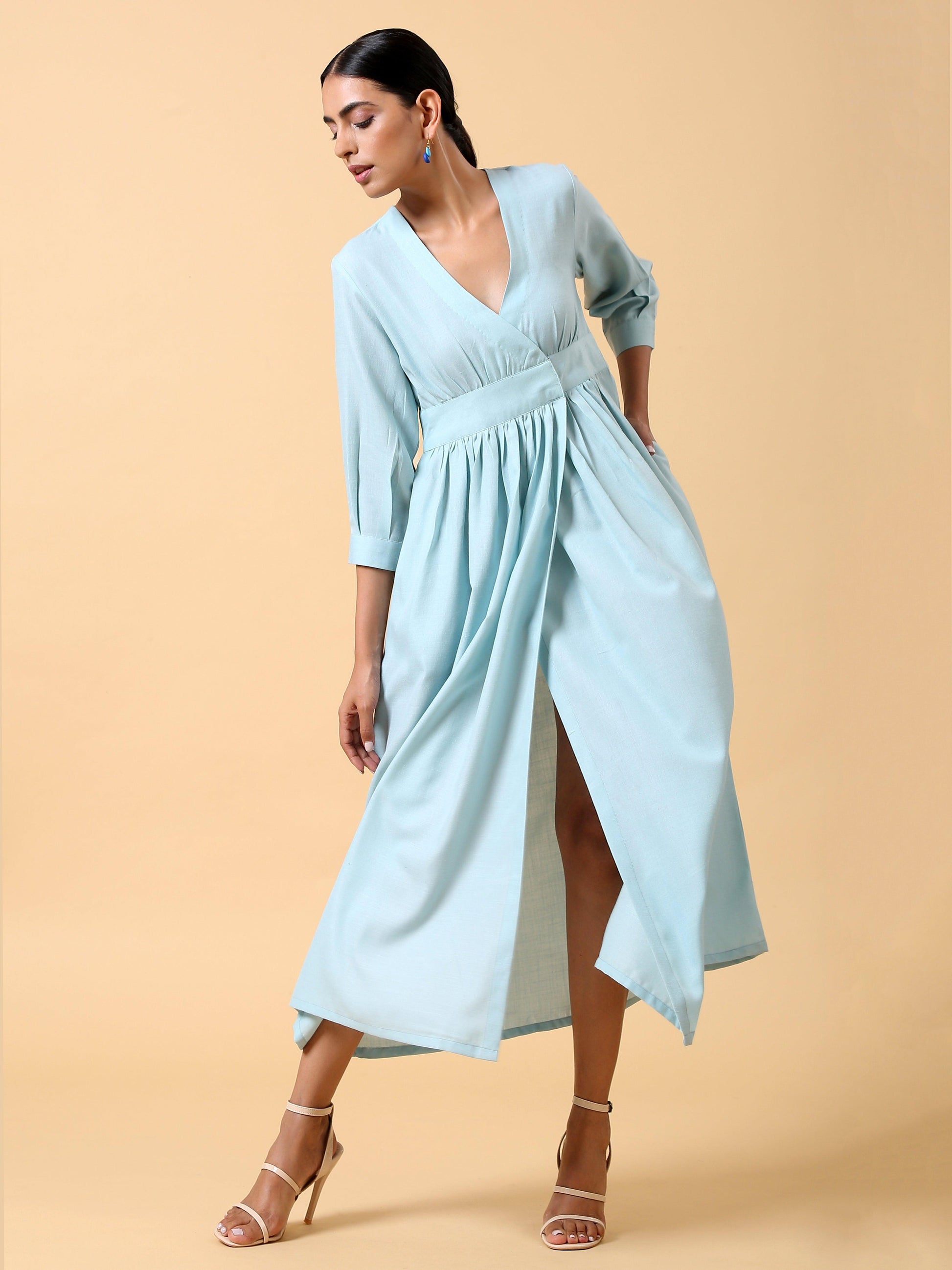 trueBrowns Cotton Linen Light Blue Wrap Dress | Swadesiicart