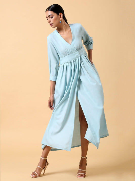 trueBrowns Cotton Linen Light Blue Wrap Dress | Swadesiicart