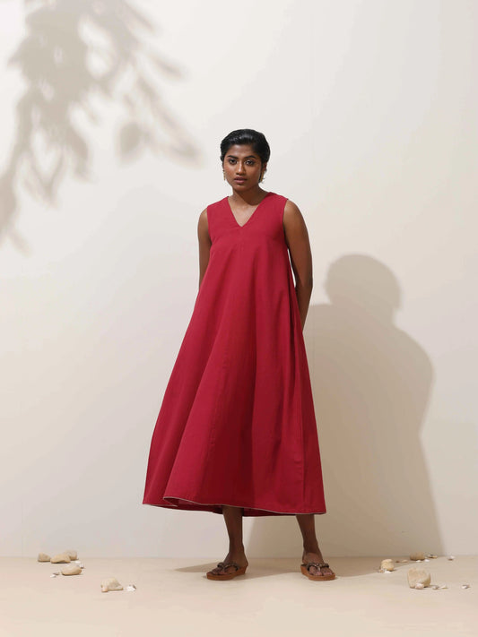 trueBrowns Maroon Cotton Linen Dress | Swadesiicart