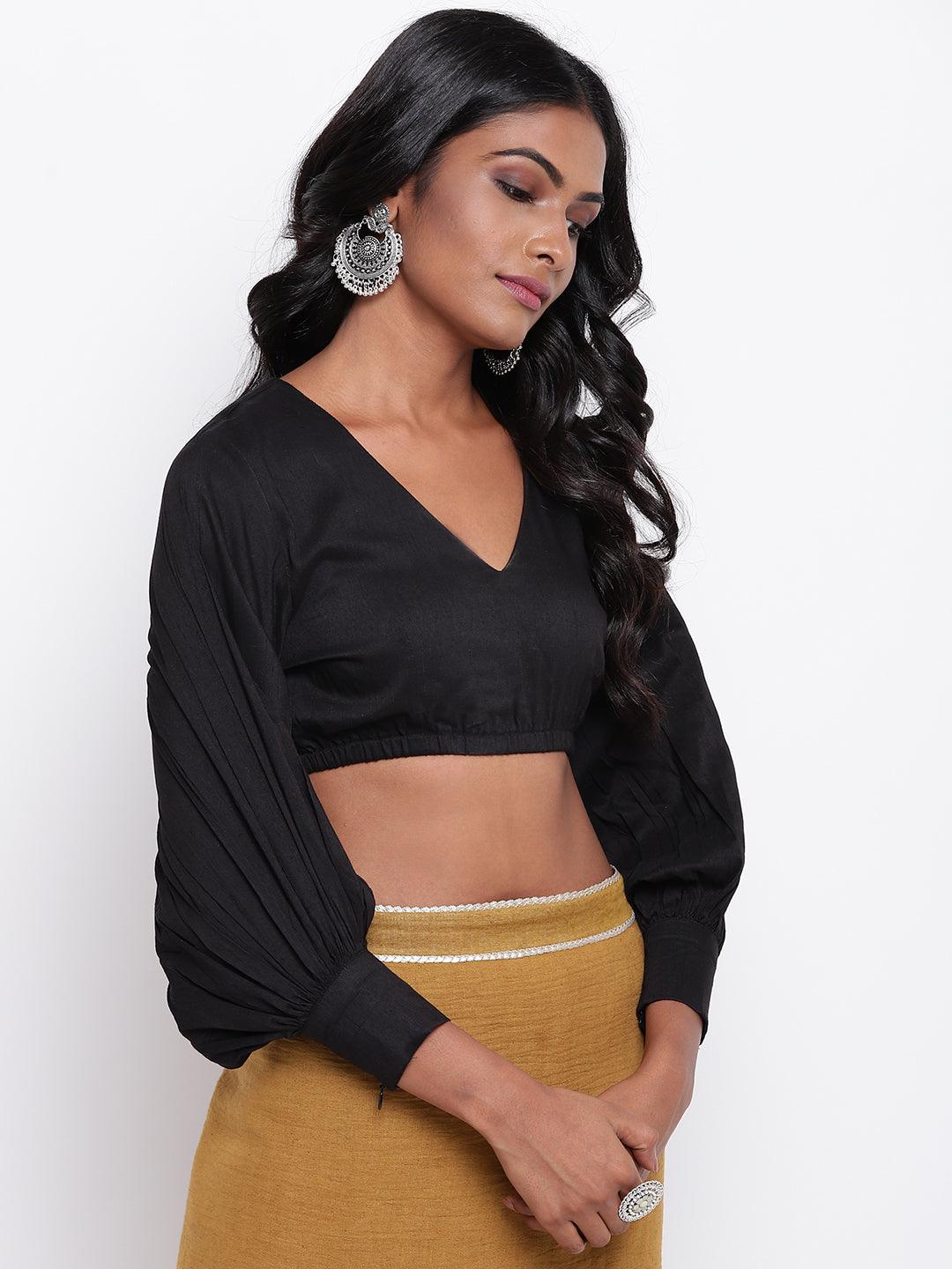 trueBrowns Black Gathered Sleeve Top | Swadesiicart