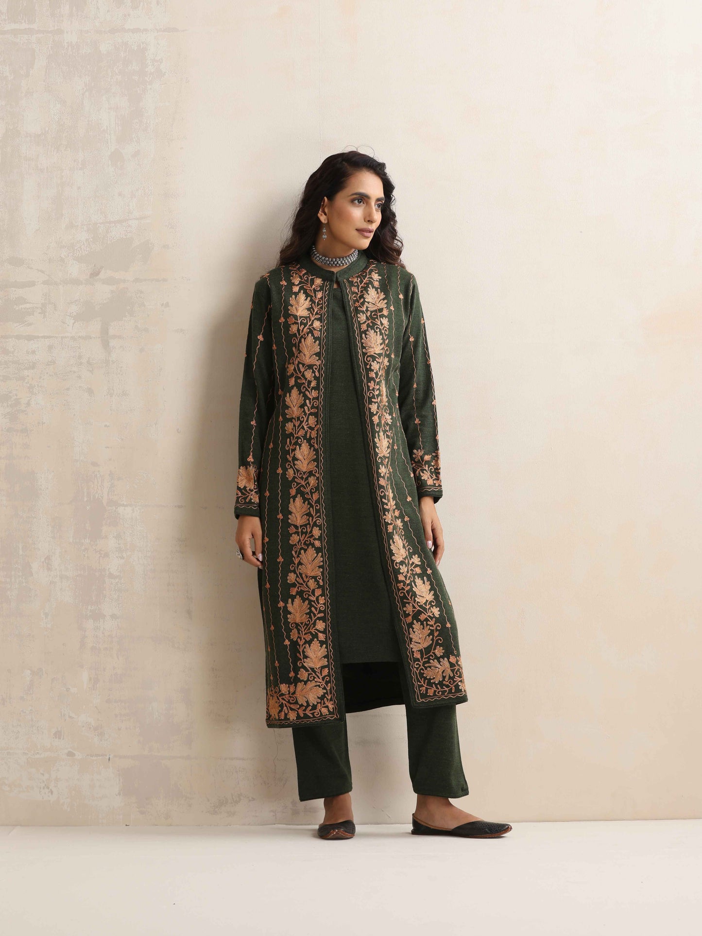 trueBrowns Green Kashmiri Woollen Jacket 3pc Set | Swadesiicart