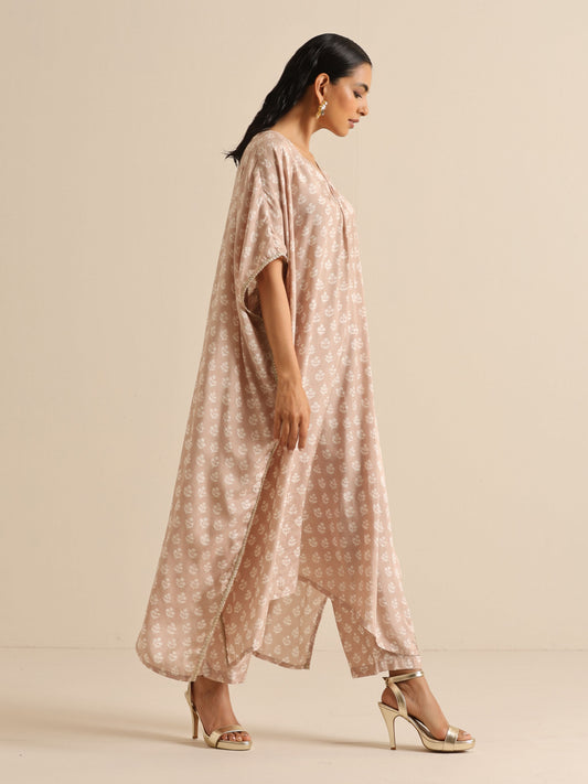 trueBrowns Beige White Floral Silk Print Kaftan Pant Set | Swadesiicart