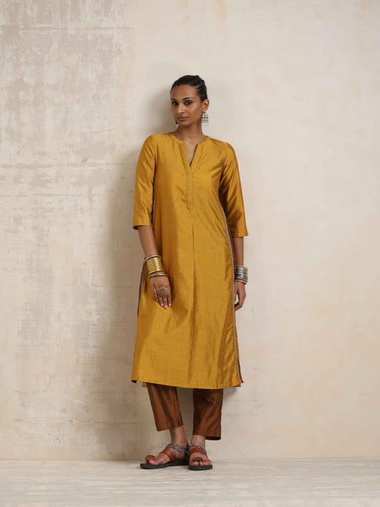 trueBrowns Gold Silk Kurta Set | Swadesiicart