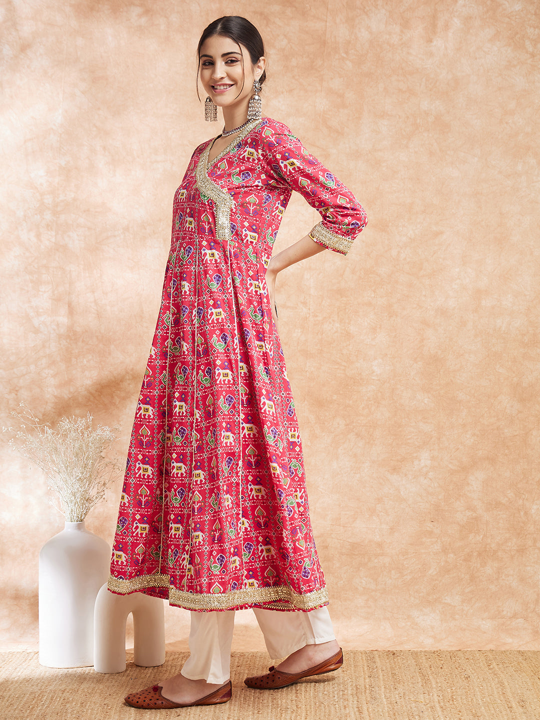 InWeave Women's Pink Patola Printed Gota Embroidered Anarkali Kurta - Swadesiicart