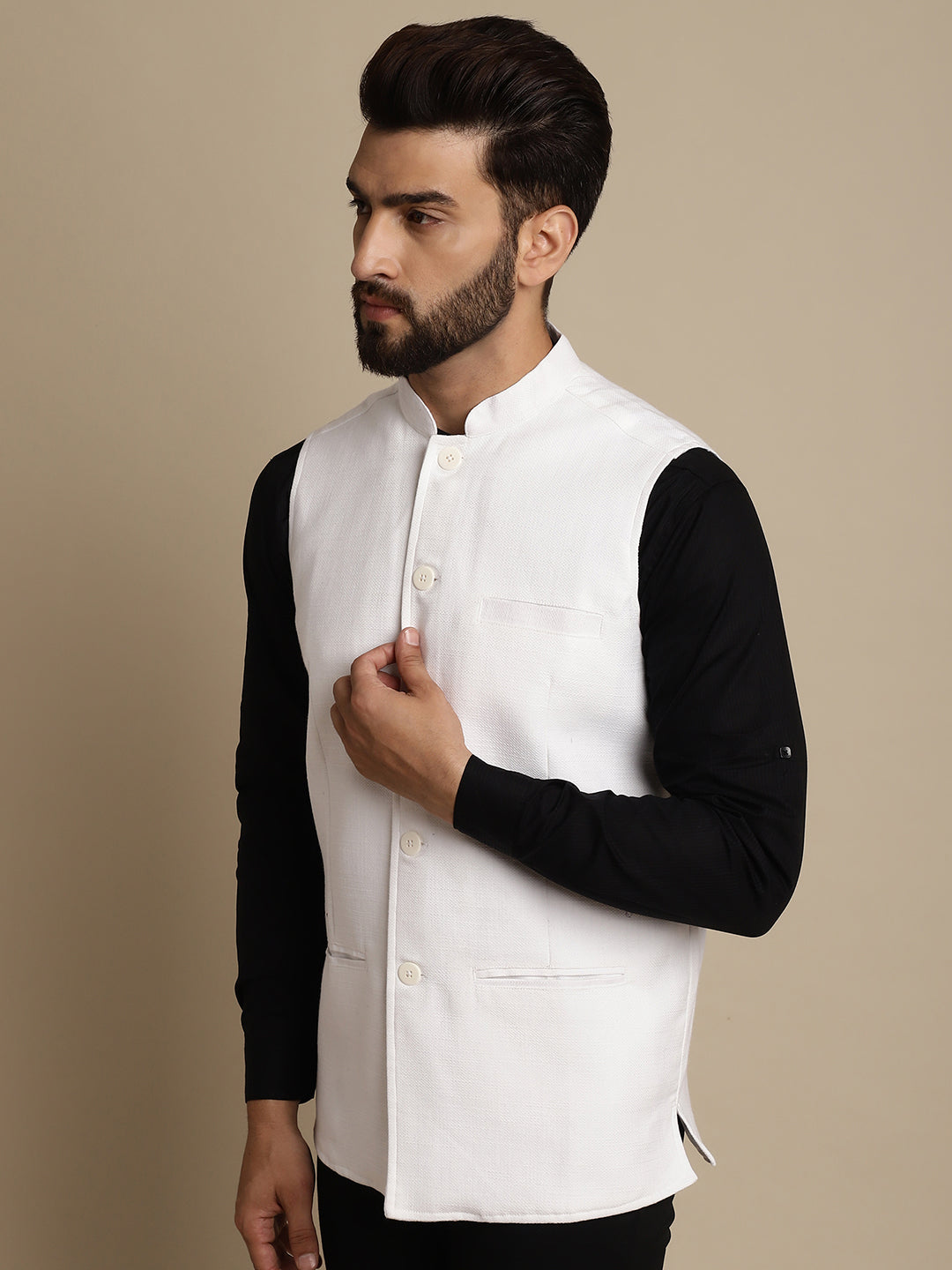 Even Apparels Men's White Mandarin Collar Waistcoat | Swadesiicart