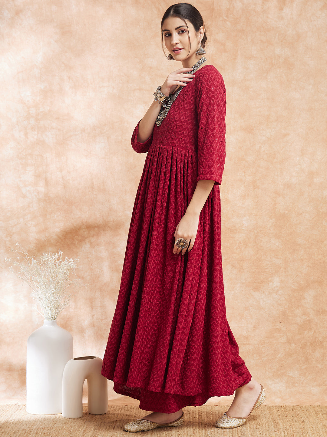 InWeave Women's Maroon Chikankari Long Anarkali Kurta Sharara Set - Swadesiicart