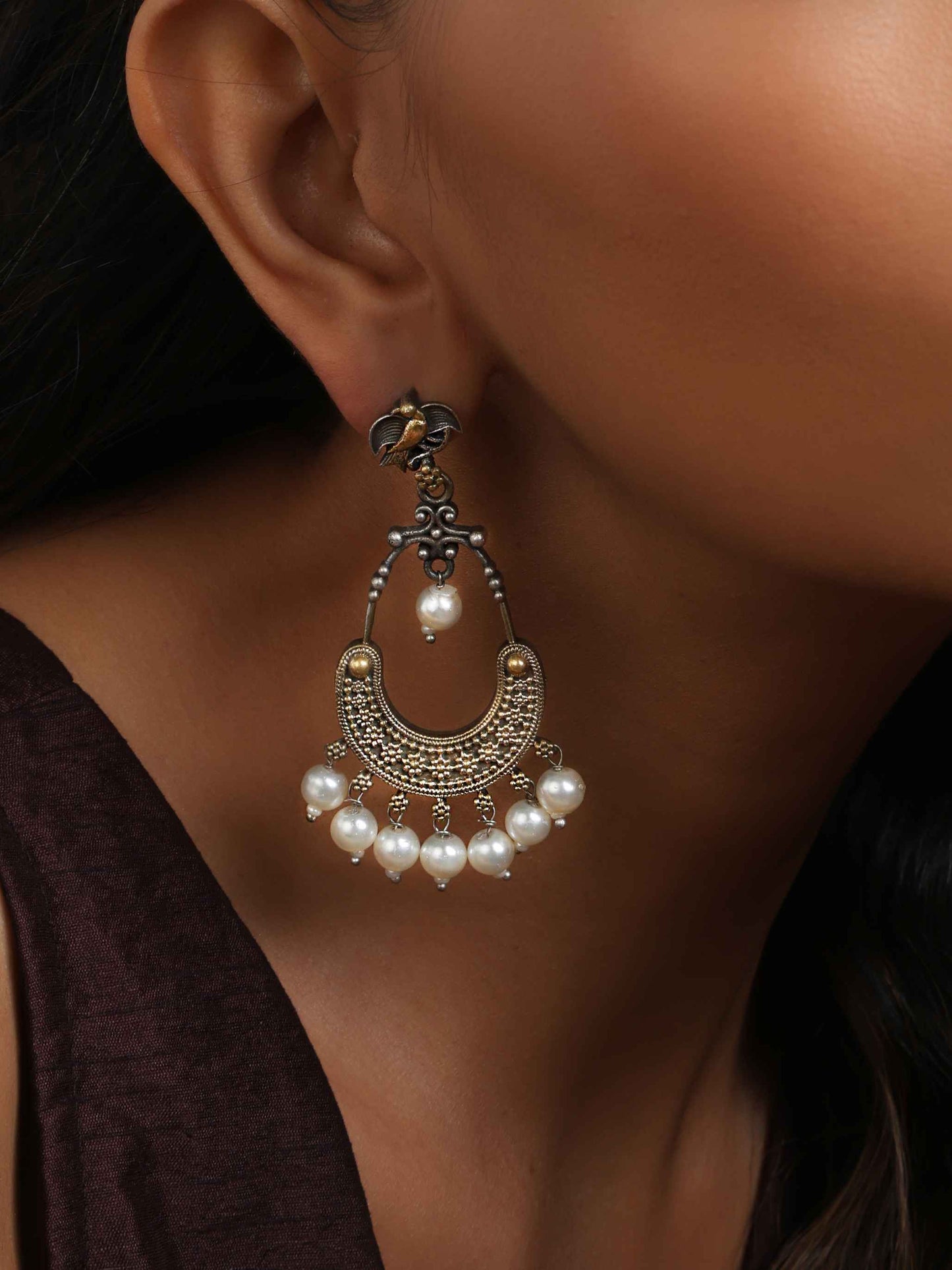 trueBrowns Silver Gold Tone Chandbaali Earrings - Swadesiicart
