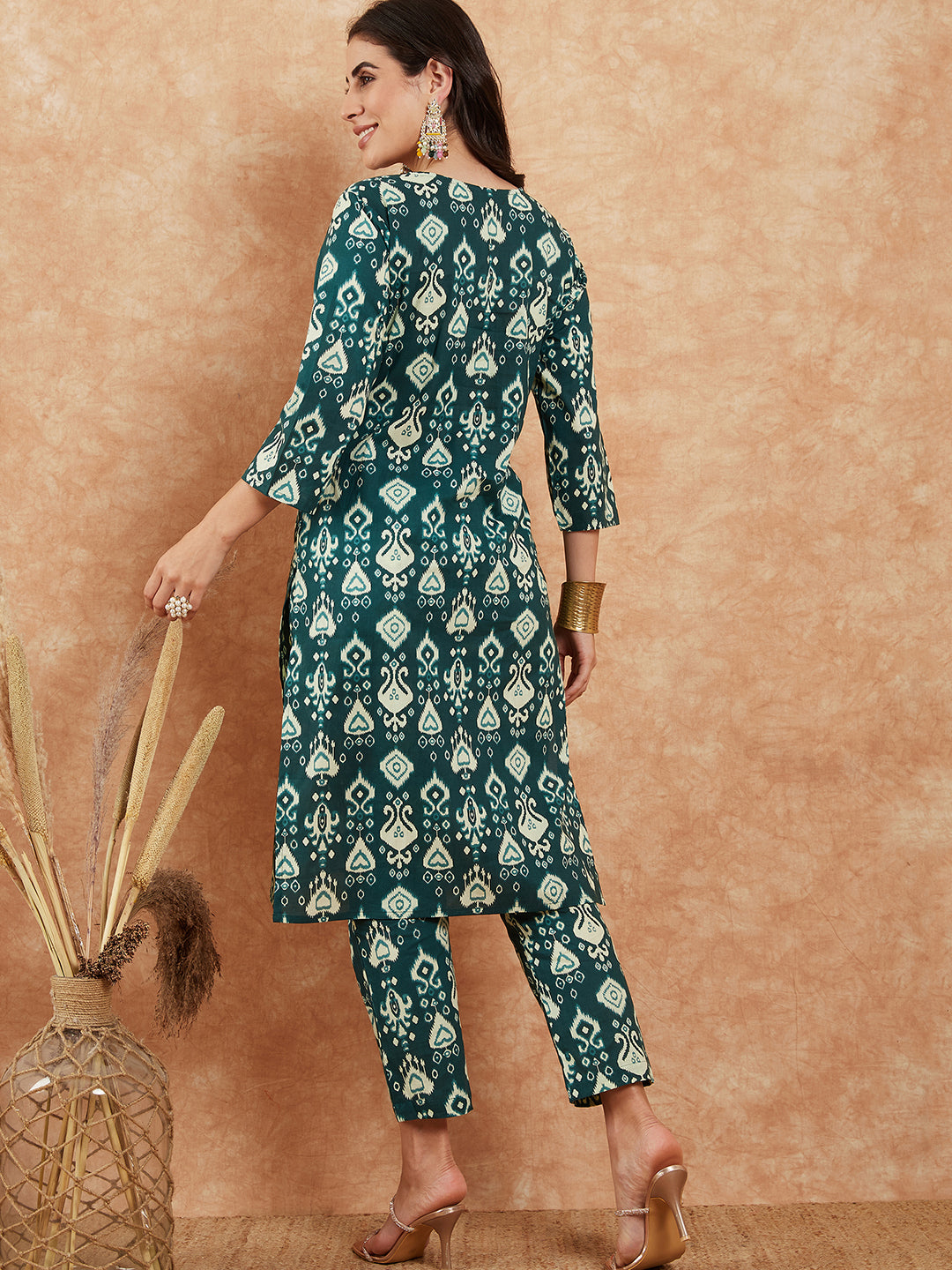 InWeave Women's Peacock Blue Ikkat Print Gota Work Straight Kurta Pant Set - Swadesiicart