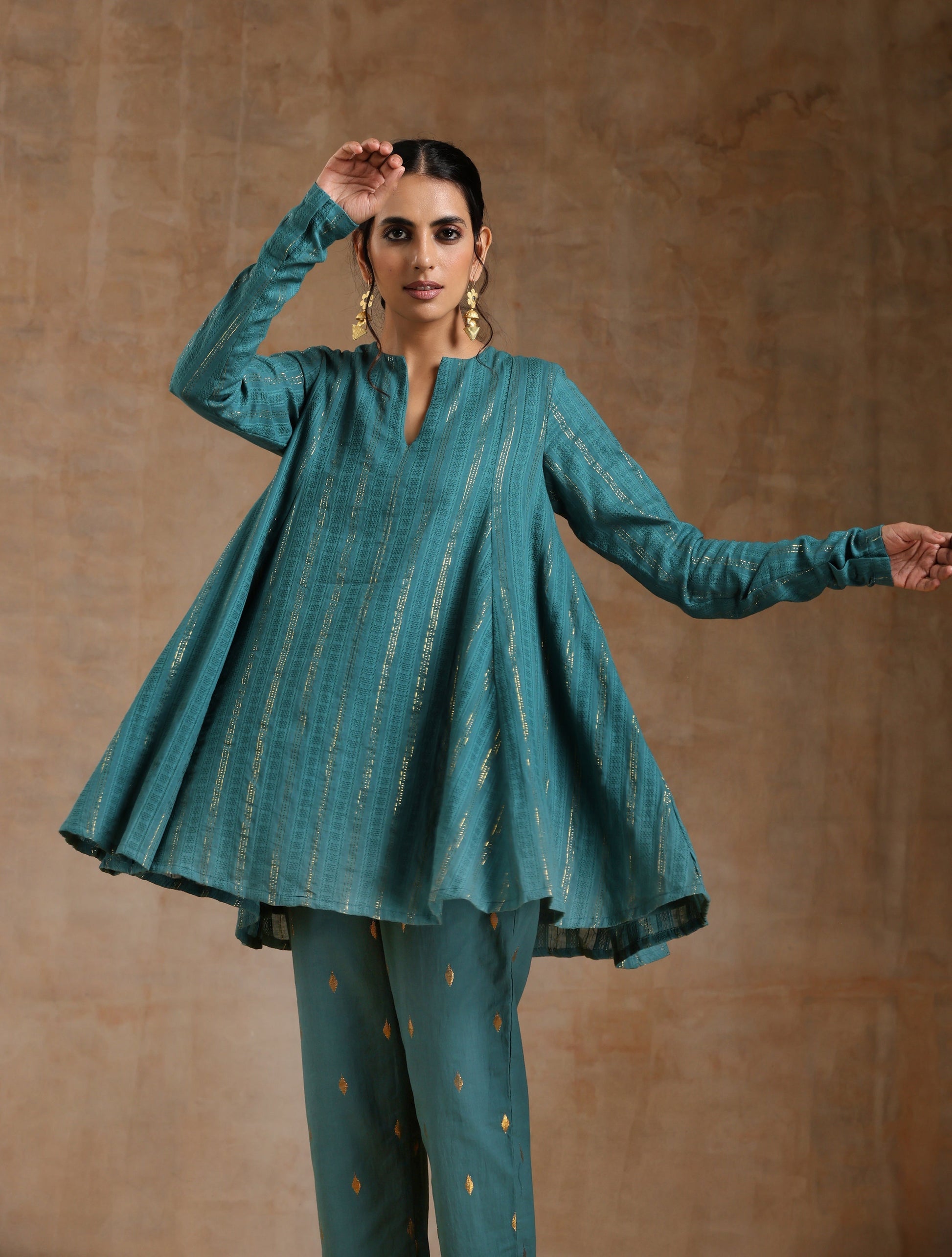 trueBrowns Deep Sea Gold Cotton Flared Co-Ord Set - Swadesiicart