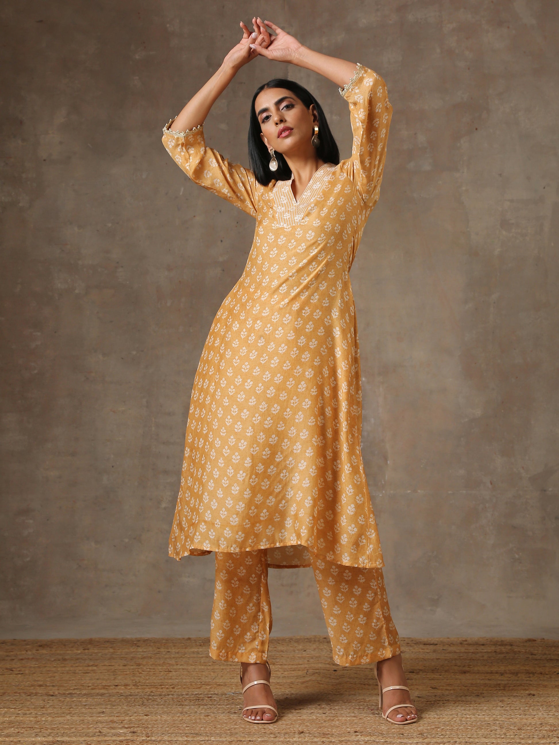 trueBrowns Beige White Flared Printed Silk Kurta Pant Set | Swadesiicart