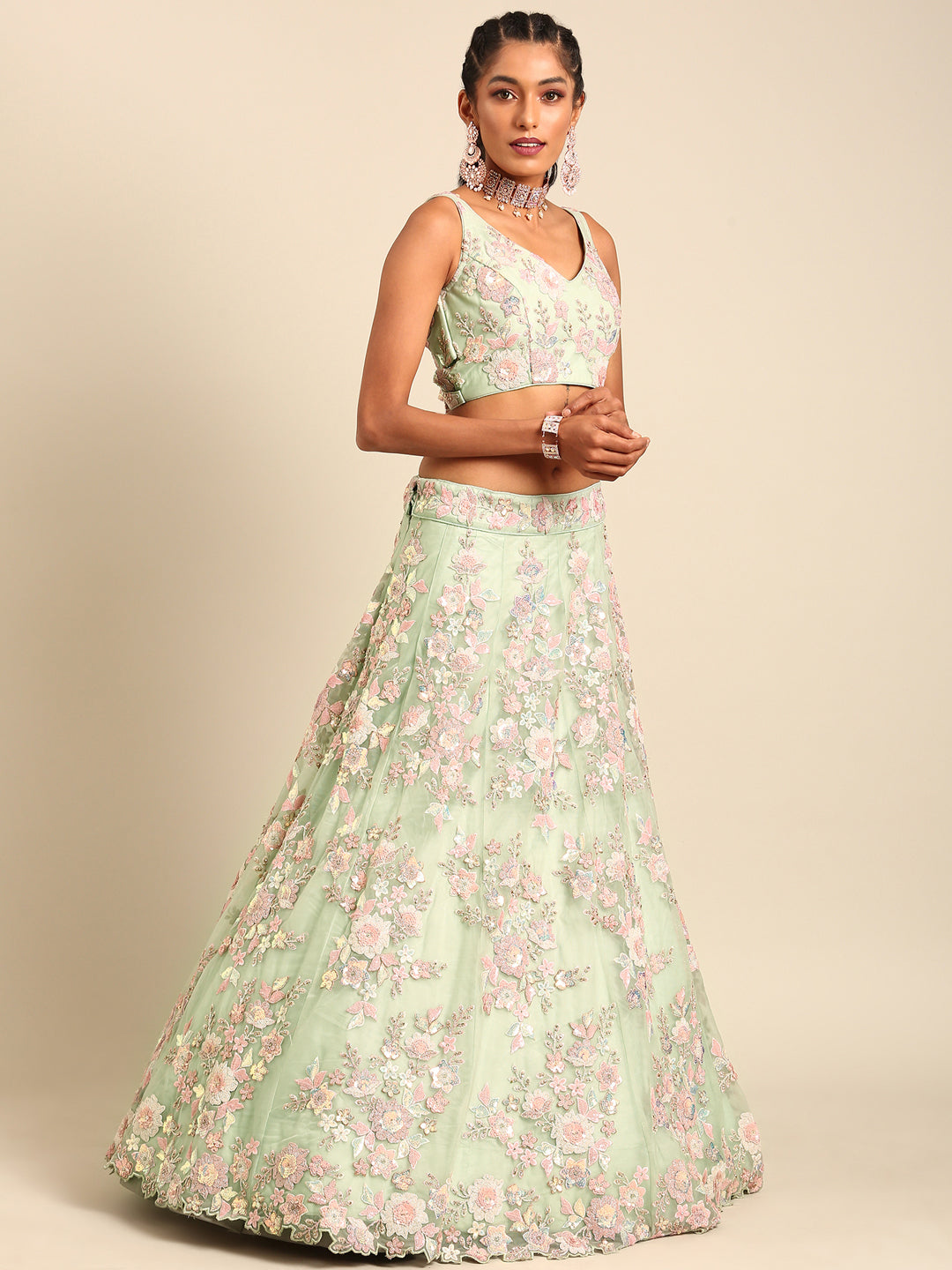 House of Panchhi Lime Green Net Sequins with heavy Zarkan embroidery Lehenga choli & Dupatta | Swadesiicart