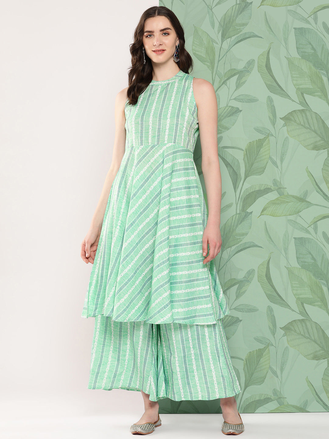 InWeave Women's Teal Kantha Striped Kurta Set - Swadesiicart