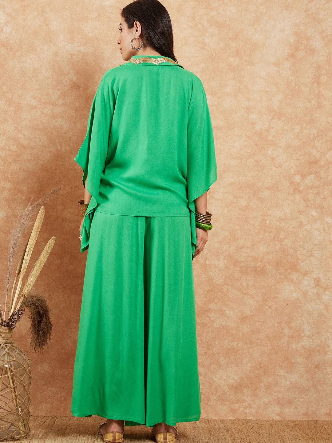 InWeave Women's Parrot Green Solid Collar Neck Boho Top Bottom Set - Swadesiicart