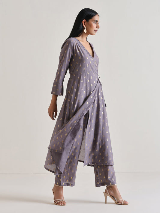trueBrowns Plum Grey Foil Angrakha Kurta Set | Swadesiicart