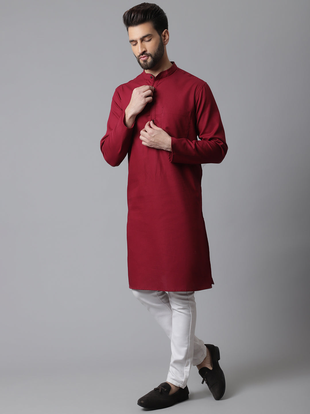 Even Apparels Maroon Pure Cotton Kurta With Band Collar | Swadesiicart