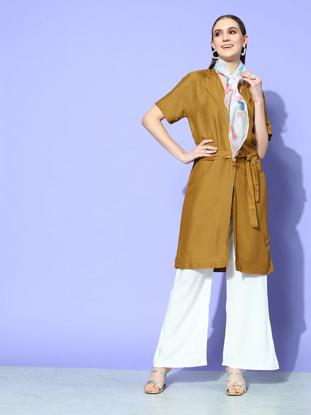 InWeave Women's Camel Brown Cream Pant Coord Set With White Butterfly Scarf - Swadesiicart