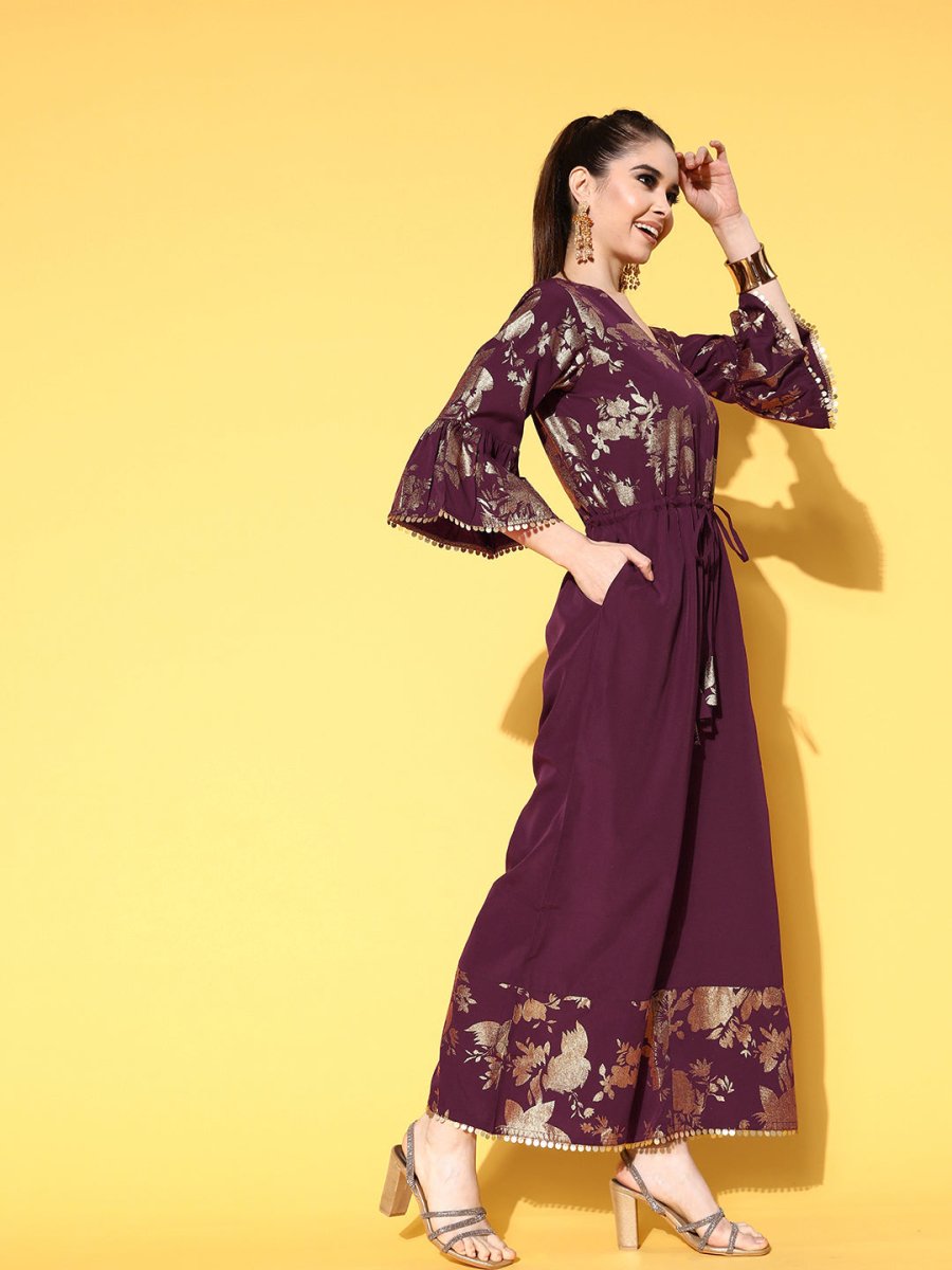 Ahalyaa Burgundy & Gold-Toned Bell Sleeves Printed Ethnic Jumpsuit With Waist Tie-Ups | Swadesiicart