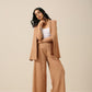 trueBrowns Beige Slub Texture Sleevesless Jacket Pant Set | Swadesiicart