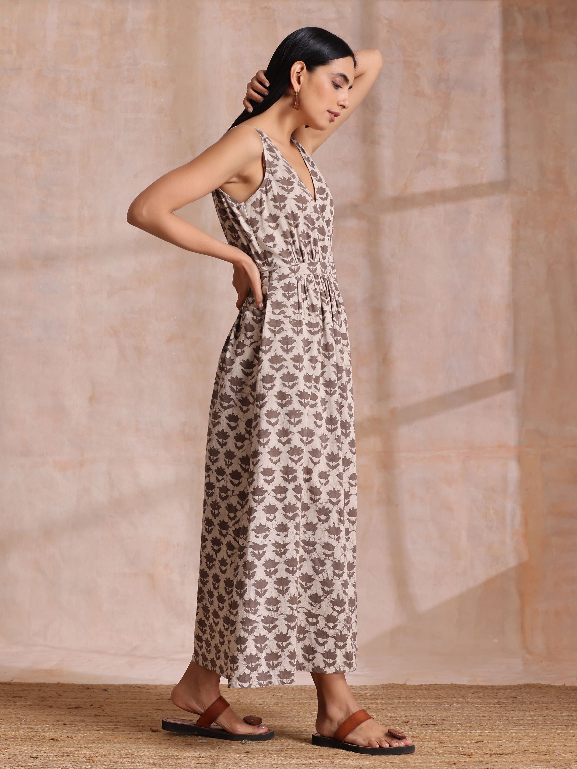 trueBrowns Clay Dabu Buta Print Cotton Sleeveless Wrap Dress | Swadesiicart