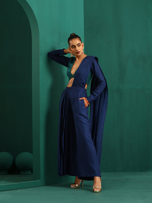 trueBrowns Blue Silk Palazzo Stitched Saree | Swadesiicart