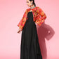 InWeave Women's Black Strappy Set With Pink Mustard Floral Short Organza Cape - Swadesiicart