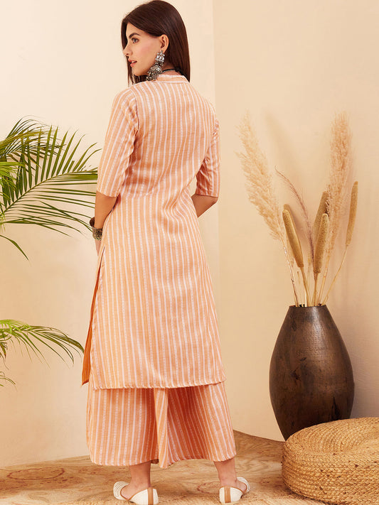InWeave Women's Light Mustard Lurex Kantha Mandarin Neck Kurta Palazzo Set - Swadesiicart