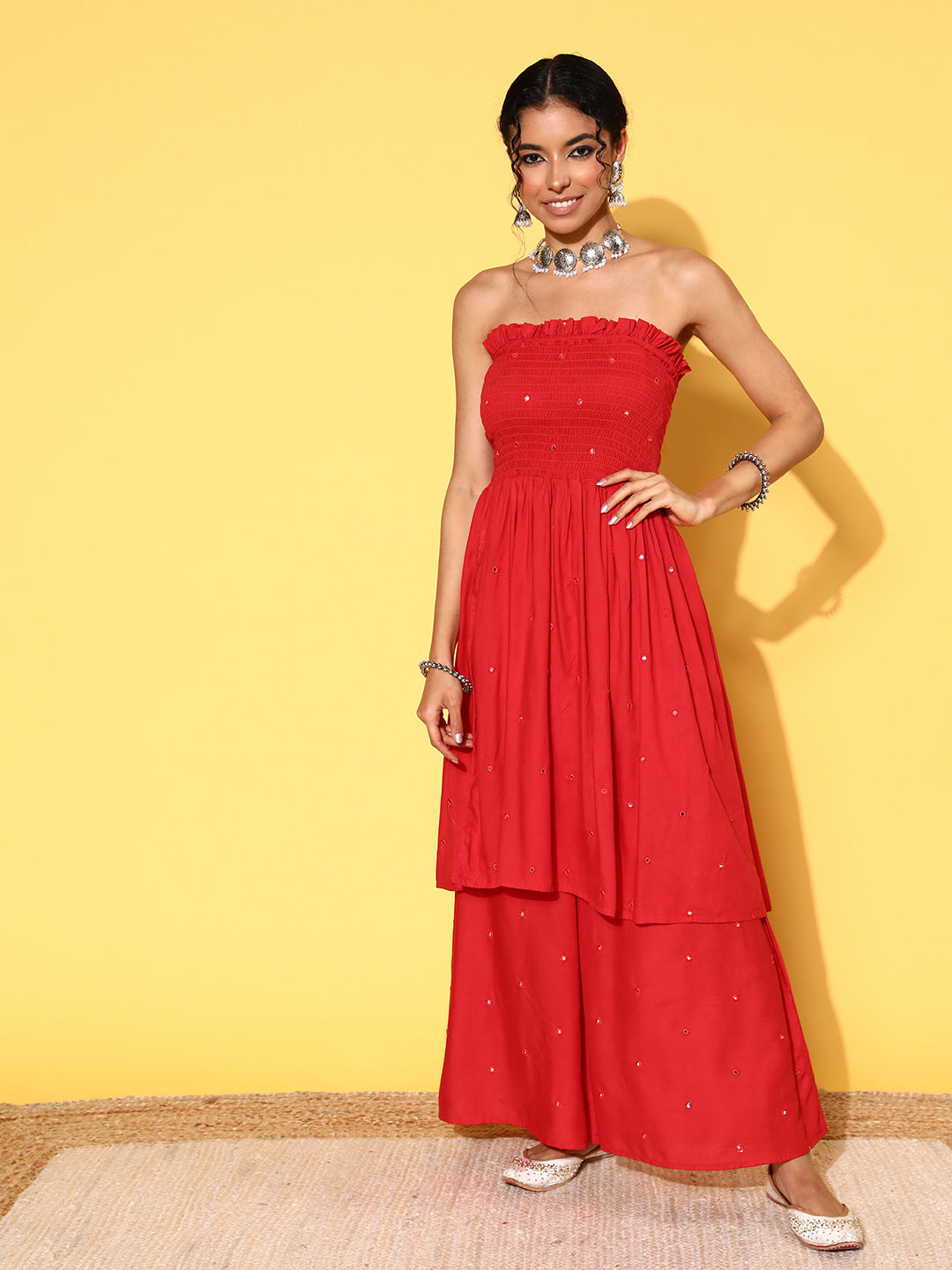 InWeave Women's Red Mirror Work Off Shoulder Kurta Set - Swadesiicart