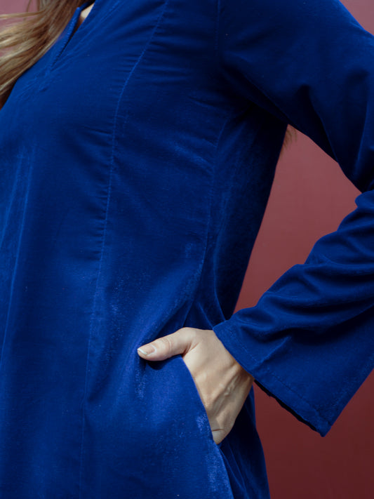 trueBrowns Blue Solid Velvet Co-Ord Set - Swadesiicart