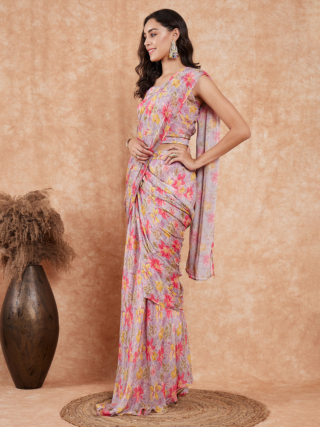 InWeave Women's Pastel Mauve Hibiscus Floral Skirt Saree - Swadesiicart